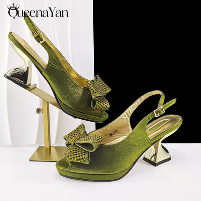 2025 New Rhinestone Design African Shoes & Bag Set in Olive  Open Toe Comfortable Women's High Heels Hot Sale on Instagram