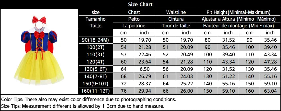 2025 Girls Disney Princess Dress Snow White With Cape Kids Cosplay Halloween Birthday Costumes Children Party Dress 10Y Clothes