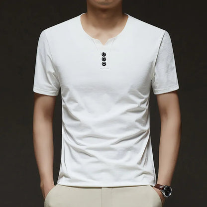 2026 New Men's Business Casual Three Button V-neck Short Sleeved T-shirt Korean Style Summer Comfortable Versatile Top