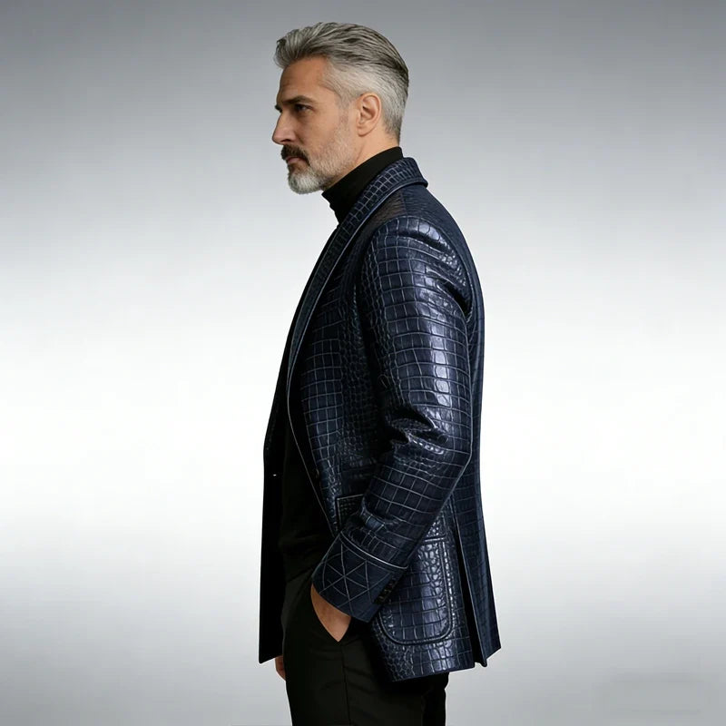 Men's Crocodile Pattern Leather Blazer 1 Button Shawl Collar Tuxedo Jacket Formal Business Wedding Coat Luxury Suit Outerwear