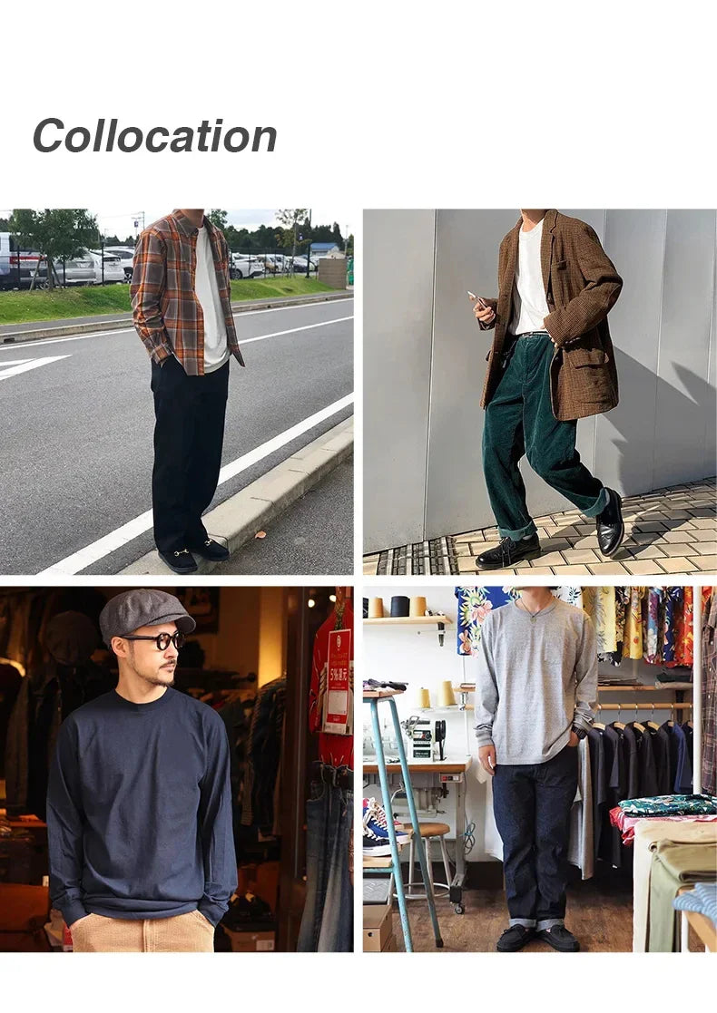100% Cotton Loose Crew Neck Long Sleeve T-shirts Men's  230g Thin Breathable Tee Shirt Basic Solid Color Oversized Tops