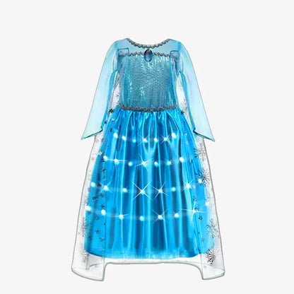 Elsa Princess Dresses +LED Light Girls Mesh Sequin Dress Kids Cosplay Frozen Snow Queen Costumes Halloween Party Gowns