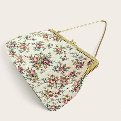 Lost in Vintage Thread Embroidered Bag Metal Handle Petitpoint Clutch Antique Kiss Lock Crossbody Kiss Lock Frame Evening Bag