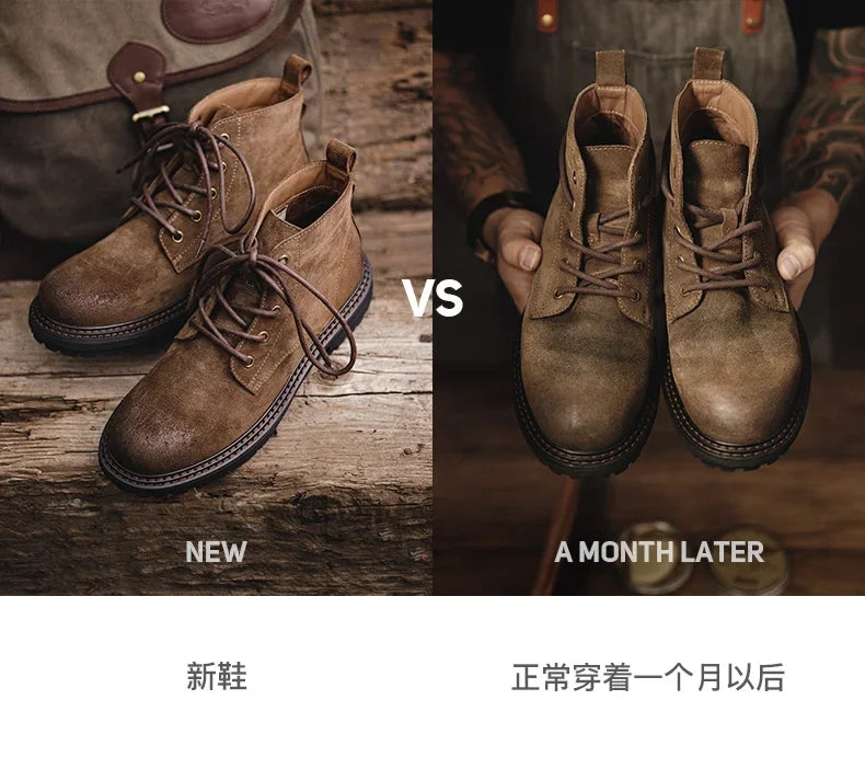 Maden Retro Fleece-lined Split Suede Boots High-Top Work Boots Lace-Up Desert Ankle Rugged Sole Boots Outdoor Winter Fall Shoes