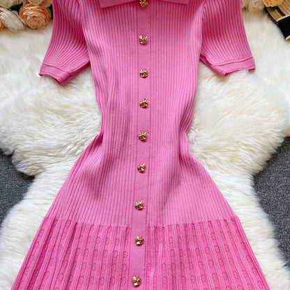 Brand Fashion Elegant Patchwork Knitted Long Dress Spring Summer Women Luxury Shirt Sweater Dress Lady Party Vestido