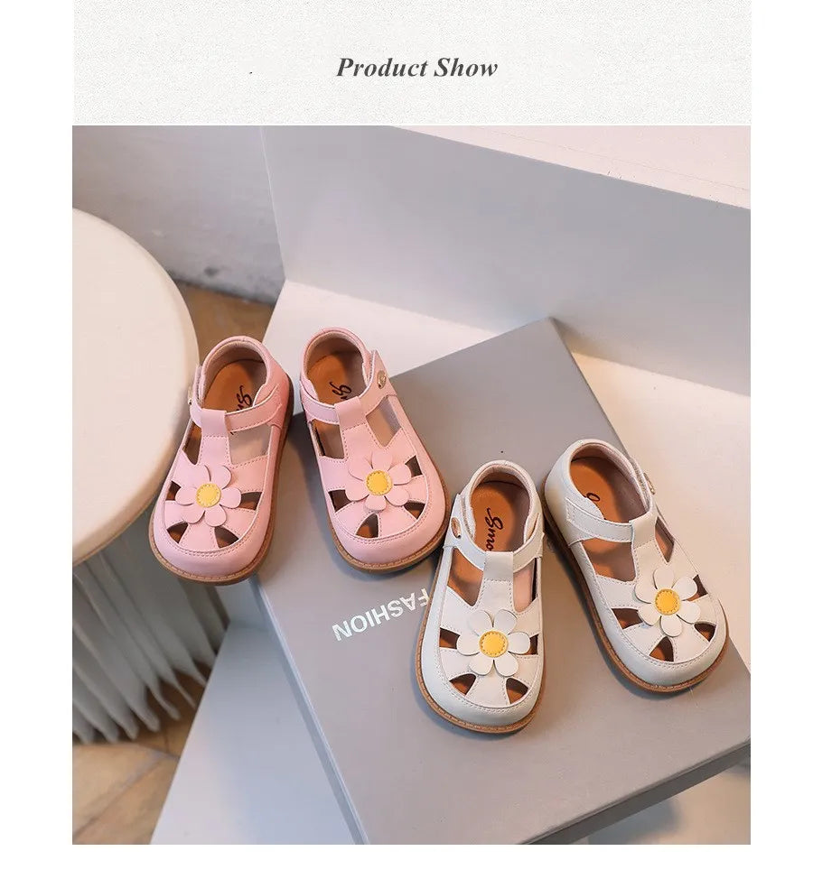 2024 New Summer Kids Sandals For Girls Leather Cuts-out Children Sandals Cute Flower Soft Sole Fashion Toddler Baby Shoes