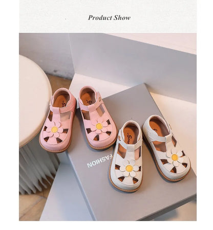 2024 New Summer Kids Sandals For Girls Leather Cuts-out Children Sandals Cute Flower Soft Sole Fashion Toddler Baby Shoes