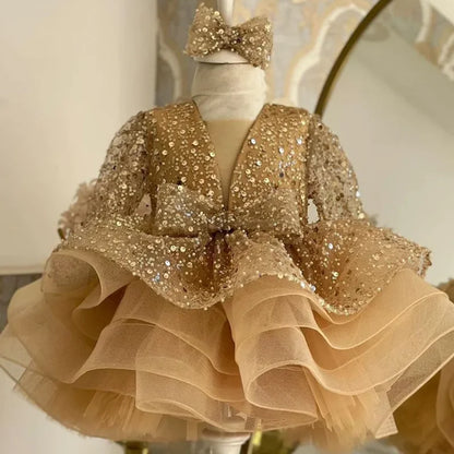 Customized Flower Girl Dresses Cute Pink Glitter Sequined Shiny Puffy Organza With Bow Fit Wedding Party Princess Ball Gowns