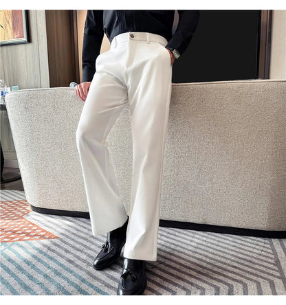 Men's Pleated Trousers, Elastic Waist, Wide-Leg, Casual Suit Pants, 2026 Spring, White/Black, S-4XL