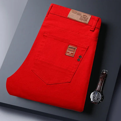 Slim Elastic Jeans Men's Colorful Fashion Korean Pants Spring Autumn Soft Comfortable Casual Straight Denim Trousers Streetwear