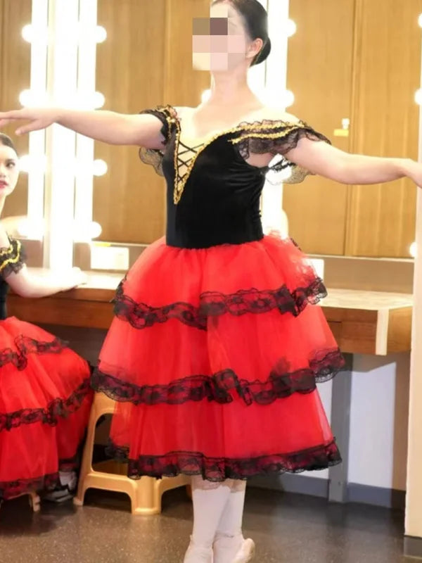 Professional Ballet Romantic Tutu Long Skirt Black Red Spain Dress Girls Adult Children's Performance Ballet Clothes For Women