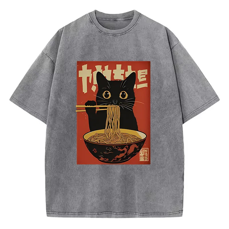 T Shirt Vintage Washed 100% Cotton T-Shirt Black Retro Cat Eating Ramen Graphic Tee Casual Streetwear for Spring Summer Fall
