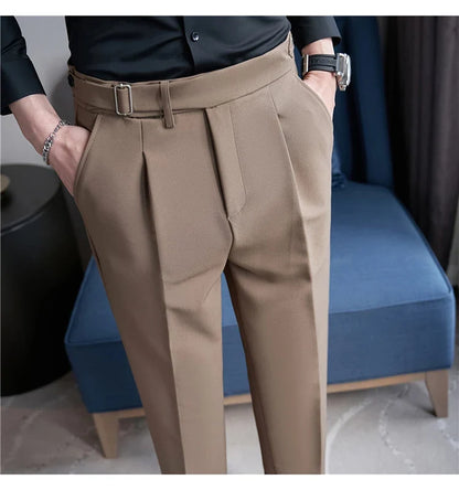 2026 Texture Naples Men's Solid Color Casual Pants Fashion Belt Design Slim Fit Suit Pants Formal Wear Wedding Social Trousers