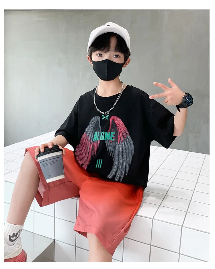 New Kids Boy Summer Clothing Set Cotton T-shirt With Wings Print + Shorts 2 Pieces Tracksuit Outfit for Child Suit Wear 5-14 T