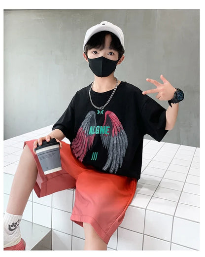 New Kids Boy Summer Clothing Set Cotton T-shirt With Wings Print + Shorts 2 Pieces Tracksuit Outfit for Child Suit Wear 5-14 T