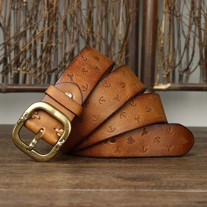 3.8CM Pure Cowhide High Quality Genuine Leather Belts for Men Embossing Strap Male Copper Buckle Luxury Designer Jeans Cowboy