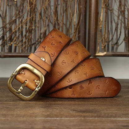 3.8CM Pure Cowhide High Quality Genuine Leather Belts for Men Embossing Strap Male Copper Buckle Luxury Designer Jeans Cowboy