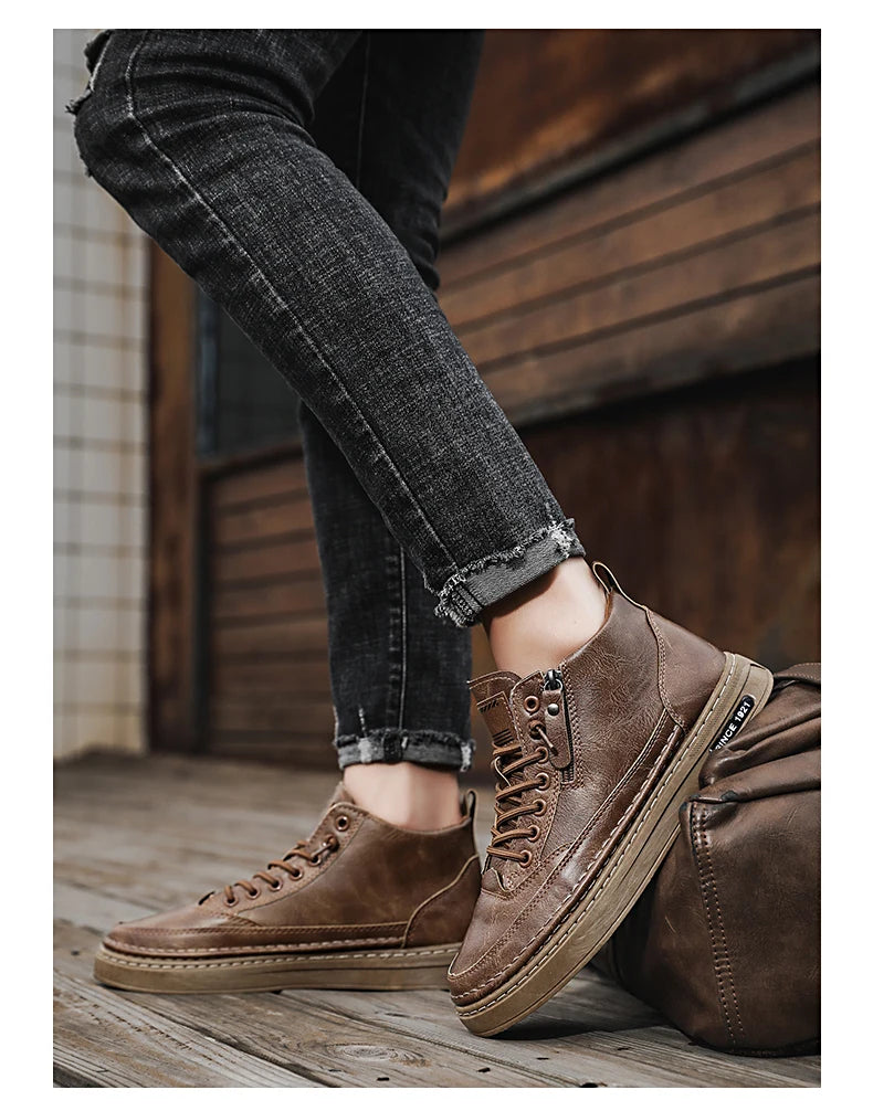 Men's boots autumn and winter warm plush outdoor casual boots workwear boots fashion versatile soft soled comfort leather boots