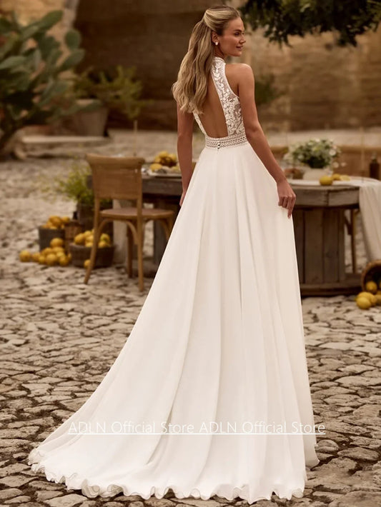 Wedding Dress Boho Bridal Gown Customized Halter Sleeveless Backless Lace Applique Split Chiffon Bride Dresses