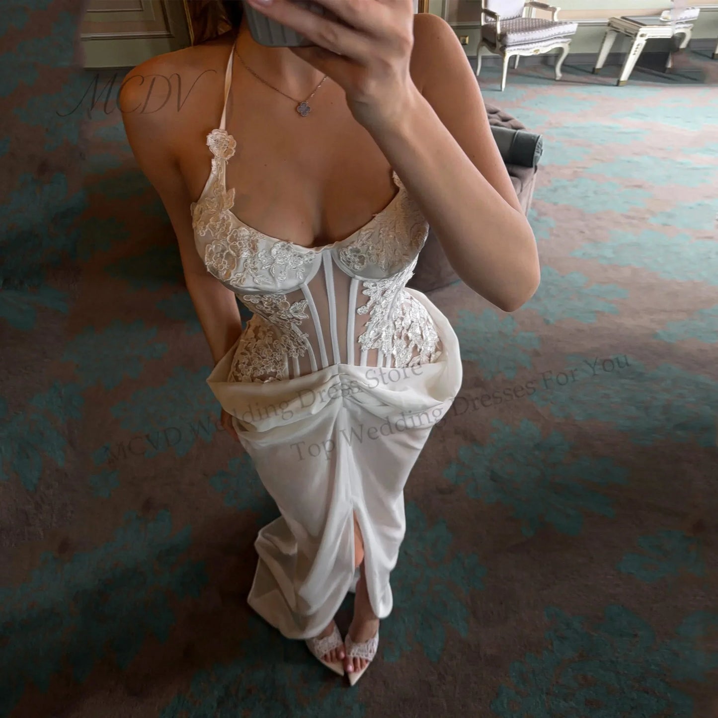 White Chiffon Mermaid Bridal Dress Halter Spaghetti Strap Bodice High Side Slit Lace Up Back Civil Engagement Party Wedding Gown