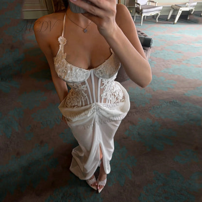 White Chiffon Mermaid Bridal Dress Halter Spaghetti Strap Bodice High Side Slit Lace Up Back Civil Engagement Party Wedding Gown