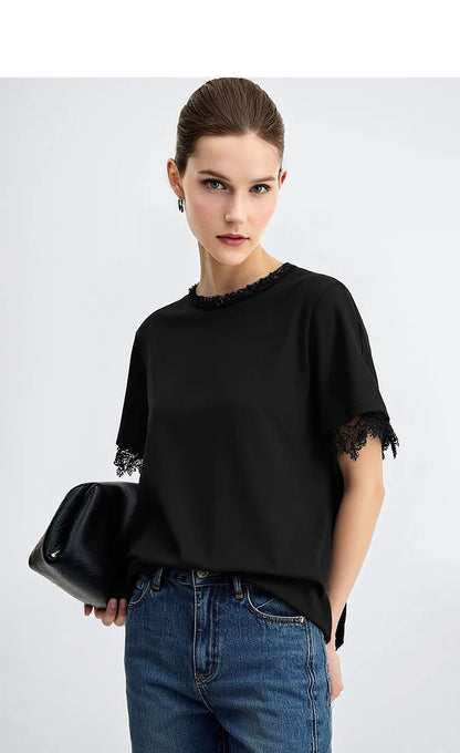 Women's T-Shirt 2026 Summer New Round Neck Lace Patchwork Women's Tee Shirt Solid Color Elegant Short Sleeve Top 12642068