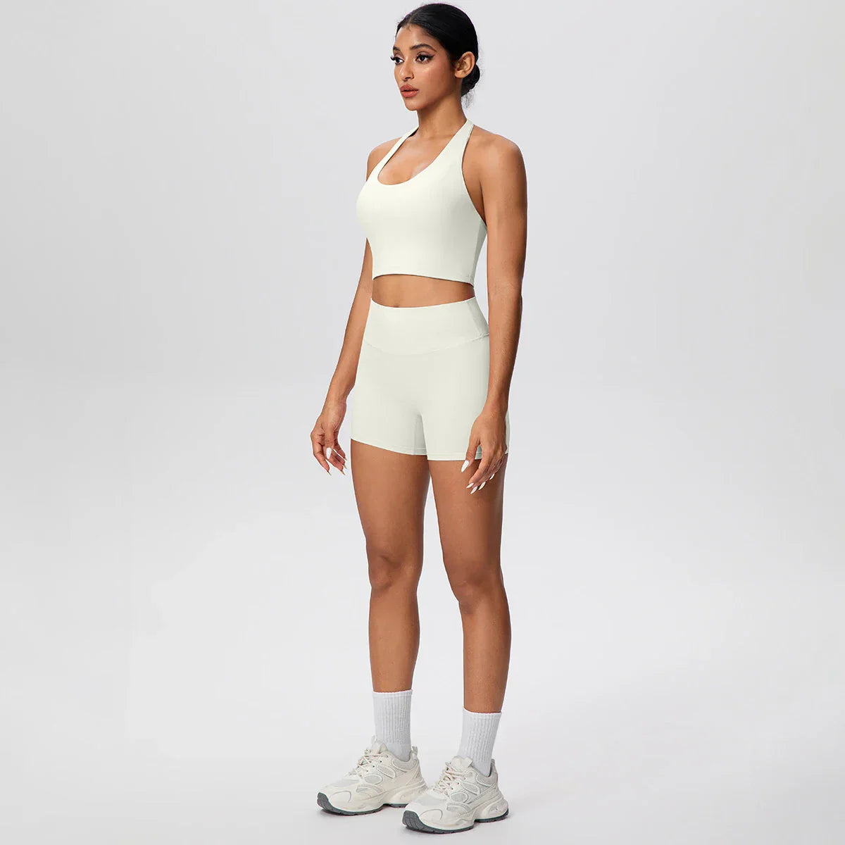 2picese Women Yoga Suit Solid Color High Waist Hip Push Up Fitness Shorts Sexy Pilates Backless Gym Hanging Neck Bra Yoga Set