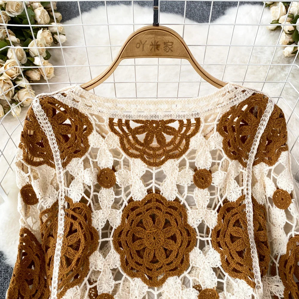 Hook Flower Hollow Out Tops Women Long Lantern Sleeves Tassels Vintage Bohemian Loose Beachwear Hotsweet Knit Blouse