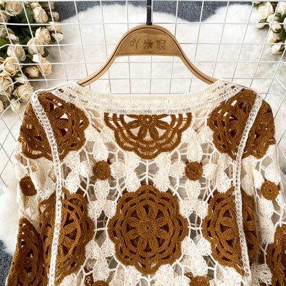 Hook Flower Hollow Out Tops Women Long Lantern Sleeves Tassels Vintage Bohemian Loose Beachwear Hotsweet Knit Blouse