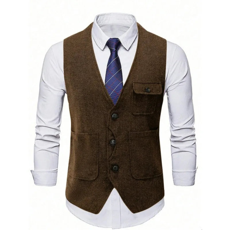 Suit Vest Man Vintage Single-breasted Pocket Male Waistcoat Slim V-neck Sleeveless Business Casual Versatile Men Vest