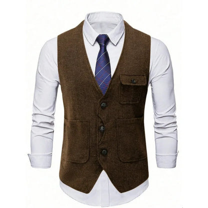 Suit Vest Man Vintage Single-breasted Pocket Male Waistcoat Slim V-neck Sleeveless Business Casual Versatile Men Vest