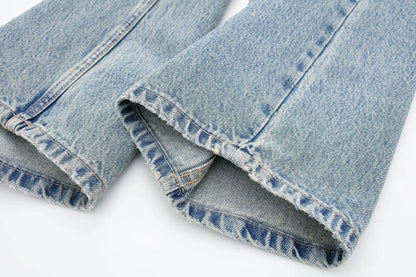 2024 Women's Street Fashion Denim Blue Jeans Distressed Patchwork High Waist Zipper Fly Ripped Retro Long Pants