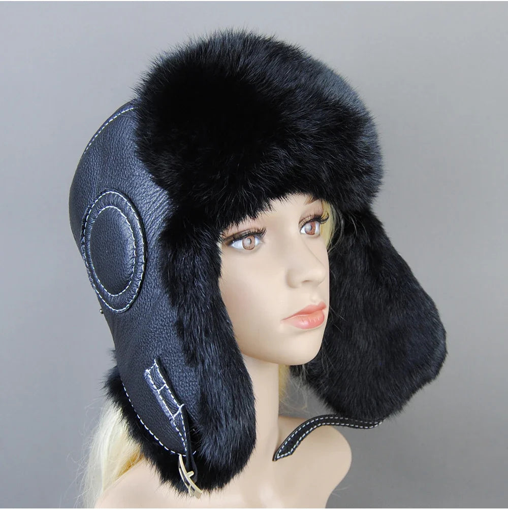 Hot Sale Winter Women's 100% Real Rabbit Fur Bomber Hat Ushanka Cap Trapper Russian Woman Ski Hats Caps Real Sheepskin Leather