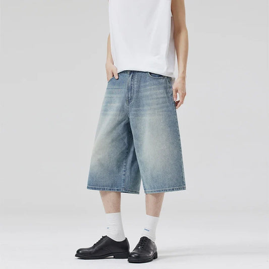 Summer New Fashion Denim Shorts Loose Straight Casual Vintage American Personality Jeans Streetwear Male Short Pants