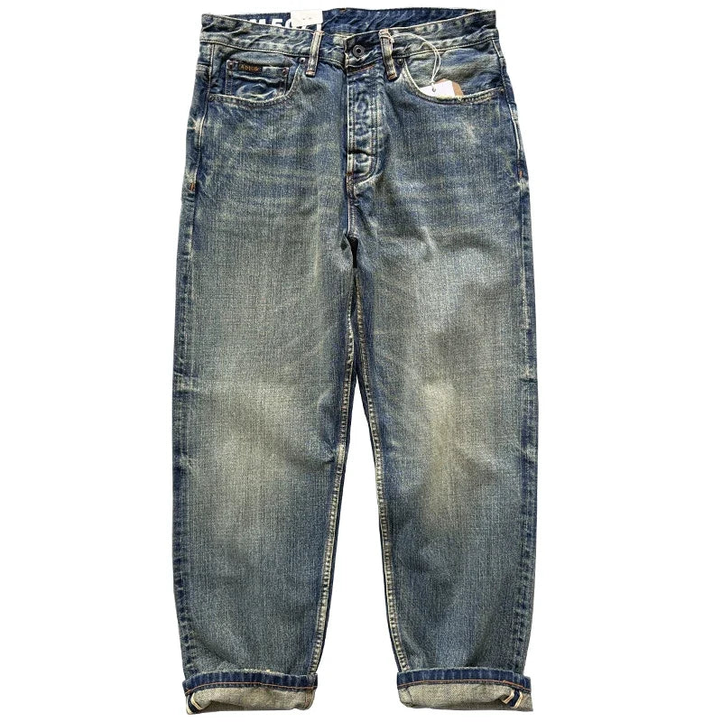 13.5oz Men's Japanese Indigo Blue Selvedge Straight Leg Denim Jeans for Men Artisan Vintage Spring Washed with Raw Hem Detailing