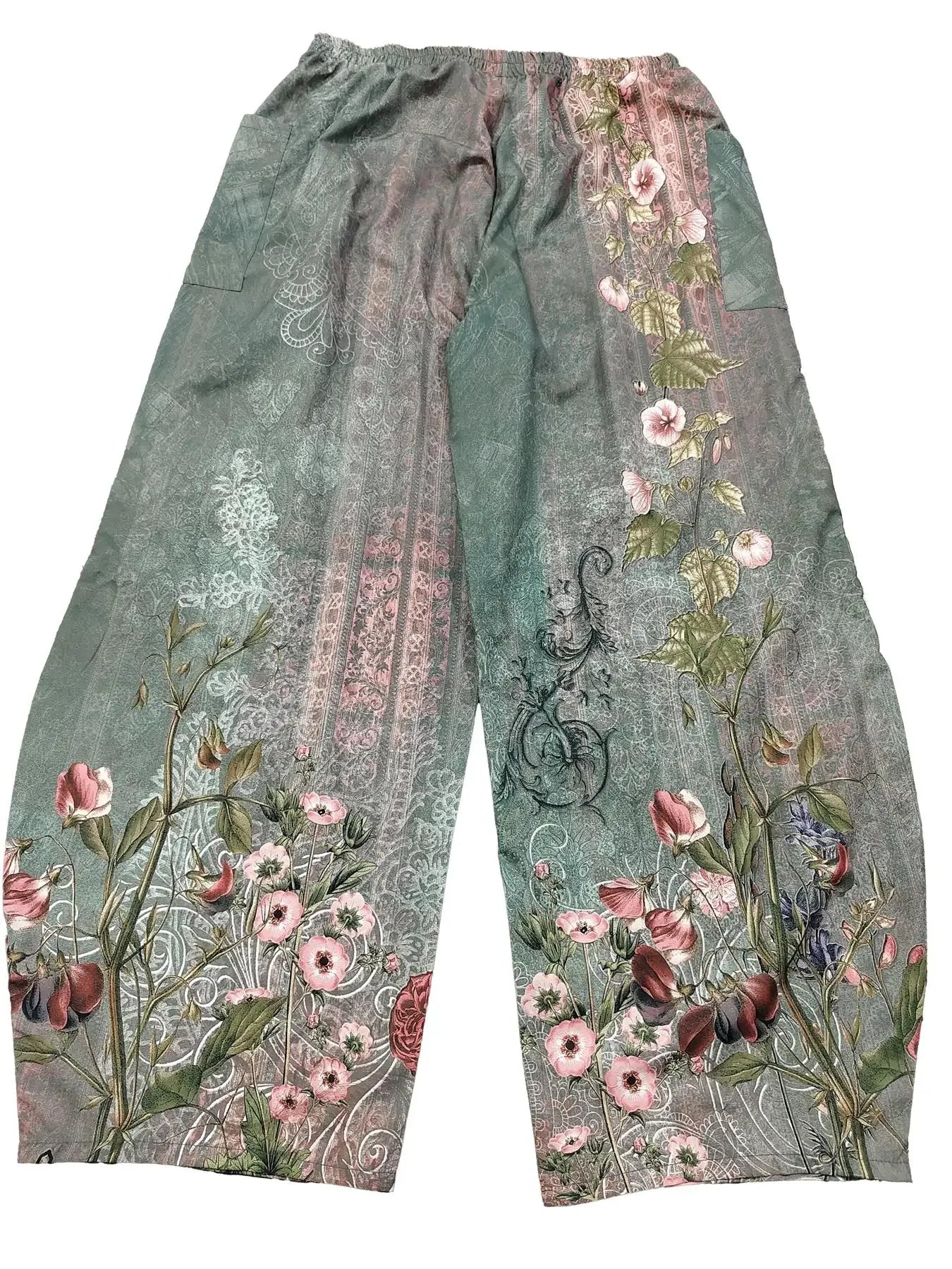 Plus Size 1XL-5XL Women Fashion Floral Printed Pleated Wide Leg High Waisted Pants Female Casual Pocket Loose Long Trousers