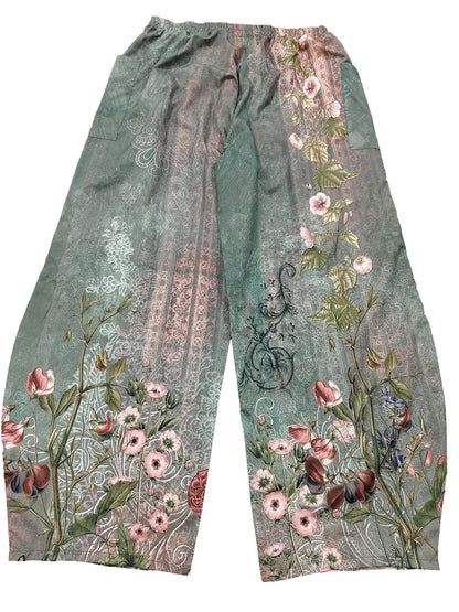 Plus Size 1XL-5XL Women Fashion Floral Printed Pleated Wide Leg High Waisted Pants Female Casual Pocket Loose Long Trousers