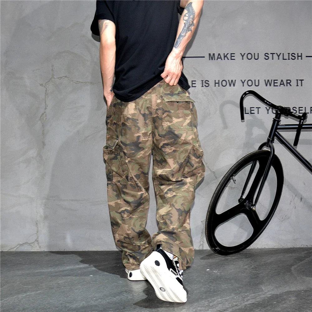 Heavy weight Tactical Cargo Pants For Men Vintage Camo Multi-Pocket Loose Fit Straight Leg Outdoor Streetwear Casual Trousers