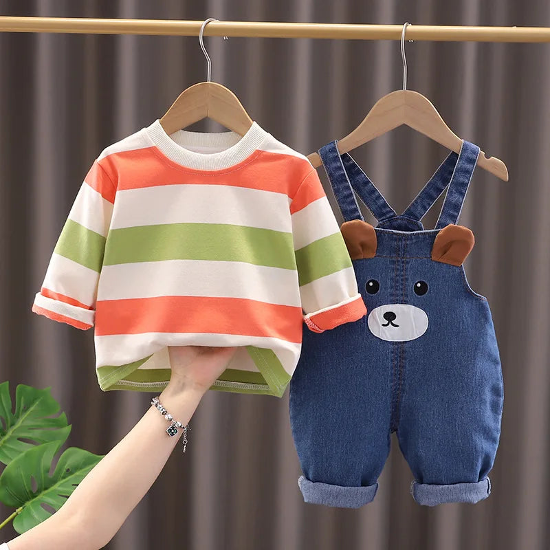 New Spring Autumn Baby Clothes Suit Children Boys Striped T-Shirt Overalls 2Pcs/Sets Infant Girls Clothing Set Kids Tracksuits