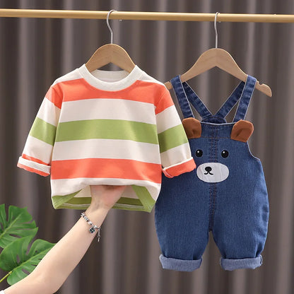 New Spring Autumn Baby Clothes Suit Children Boys Striped T-Shirt Overalls 2Pcs/Sets Infant Girls Clothing Set Kids Tracksuits