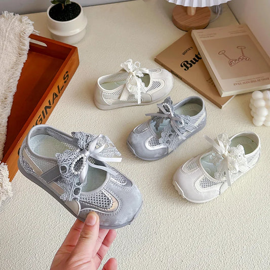 Kids'Casual Shoes Sneakers Mesh Bow Spring Summer Shoes For Girls Anti-slip Breathable Soft Bottom White Silver Shoes Size 23-36
