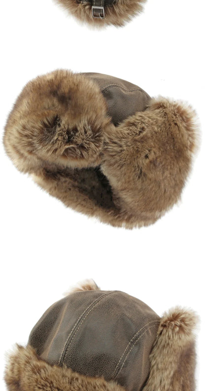 Bomber Hat New Thick Warm Men Women Russian Fur Hat Male Windproof PU Leather Ski Trapper Earflap Cap Winter Hat Ushanka