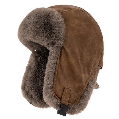 Men Winter Bomber Hat Outdoor Motorcycle Windproof Thicken Warm Faux Fur Pilot Earflap Hat Leather Thermal Ushanka