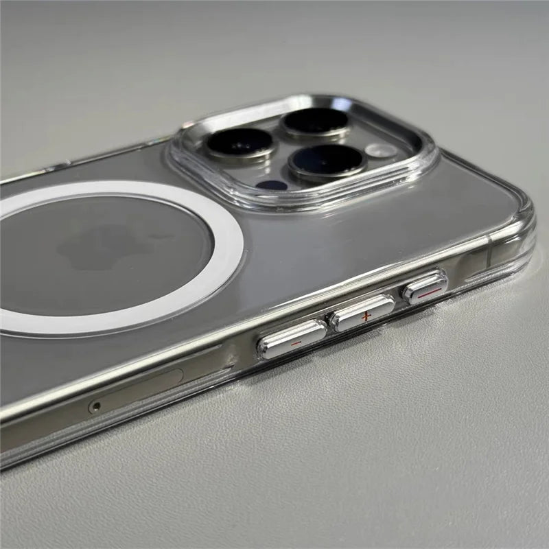 Transparent Wireless Charging for Magsafe Case for iPhone 16 15Pro 14 16Pro Max Alloy Lens Clear Shockproof Hard Armor Cover