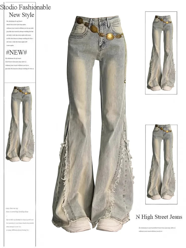 Vintage Casual Trashy Flared Pants Women's Y2K Tassels Full Length Denim Trouser Street Retro Grunge 2000s High Waist Jeans