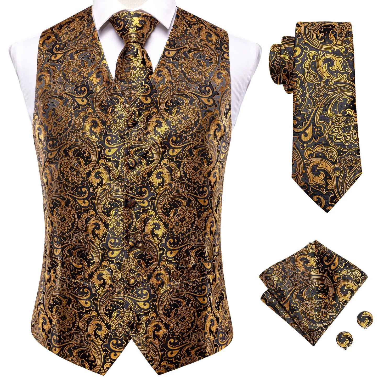 Vest for Men Gold Suit Vest Floral Waistcoat Summer Vest Tuxedo Paisley Tie Set Cufflinks for Wedding Business Hi-Tie WJ-0008