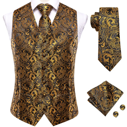 Vest for Men Gold Suit Vest Floral Waistcoat Summer Vest Tuxedo Paisley Tie Set Cufflinks for Wedding Business Hi-Tie WJ-0008
