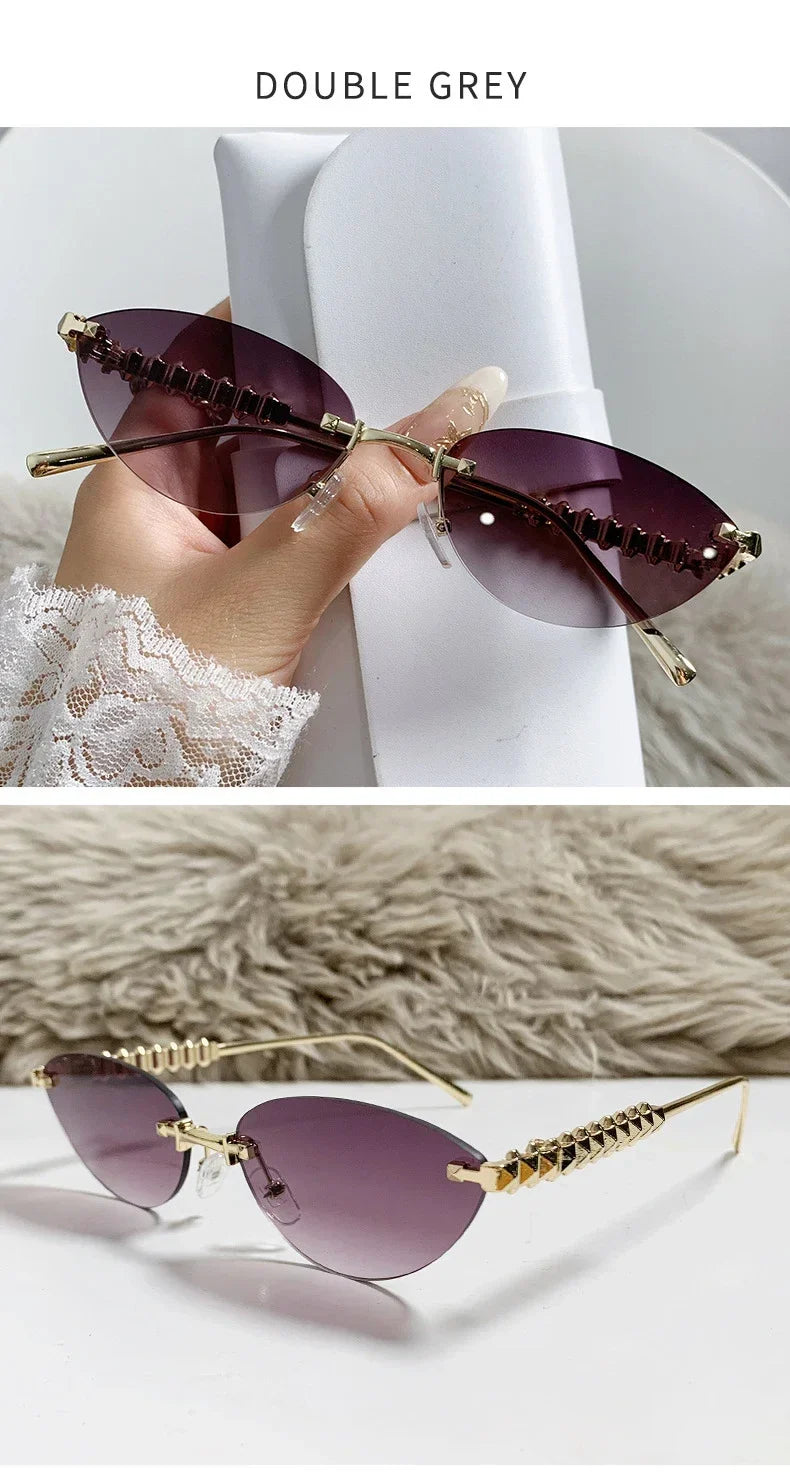 2026 Cat Eye Rivet Rimless Sunglasses Women Luxury Fashion Brand Oval Narrow Sun Glasses Shades Trendy Elegant Unique Eyewear