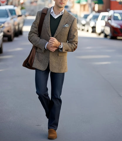 Vintage Winter Tweed Suits Brown Tweed Men Suits With Patch Design Costume Homme Smart Business Formal Wedding Suits 1 Pieces