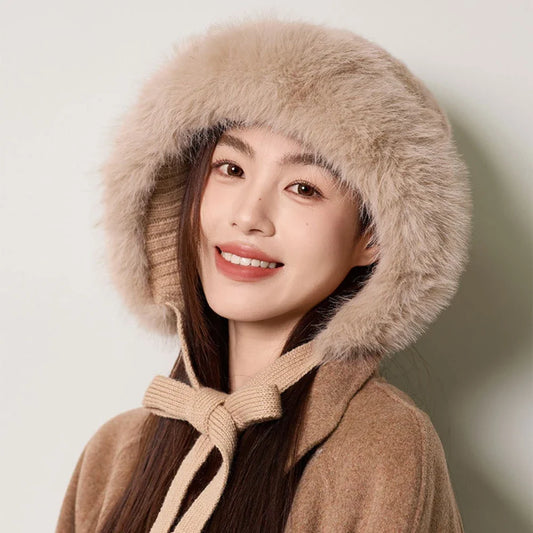 Knitted Hat New Thick Warm Winter Russian Hat Women Windproof Fluffy Fur Hat Lady Skullies Beanies Female Ski Earflap Cap